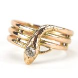 Unmarked gold serpent ring set with a diamond, the diamond approximately 3.0mm in diameter, size
