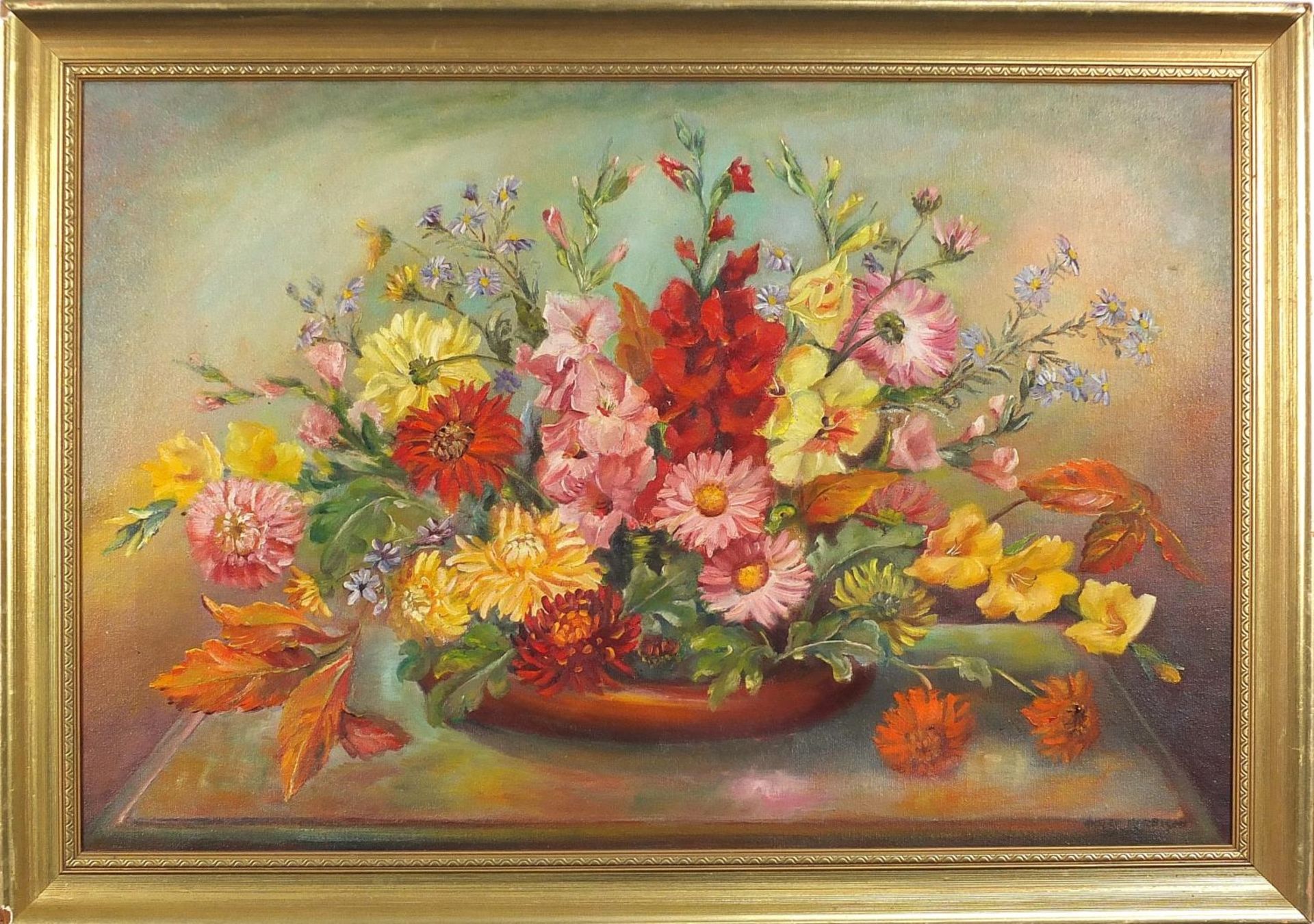 Violet Harrison - Still life flowers, oil on canvas, framed, 75cm x 50cm excluding the mount and - Image 4 of 10