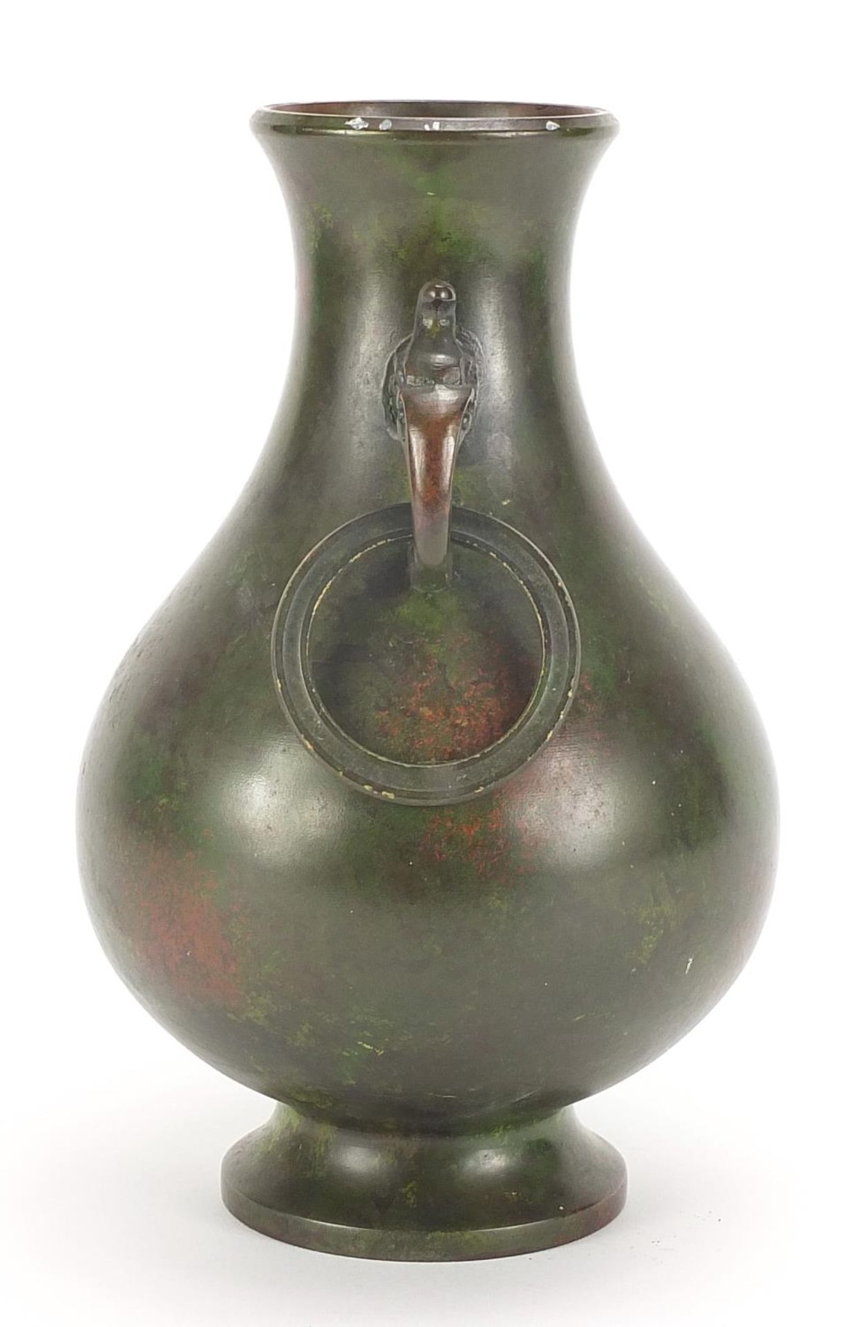 Japanese patinated bronze vase with animalia ring turned handles, impressed marks to the base, 24. - Image 2 of 8