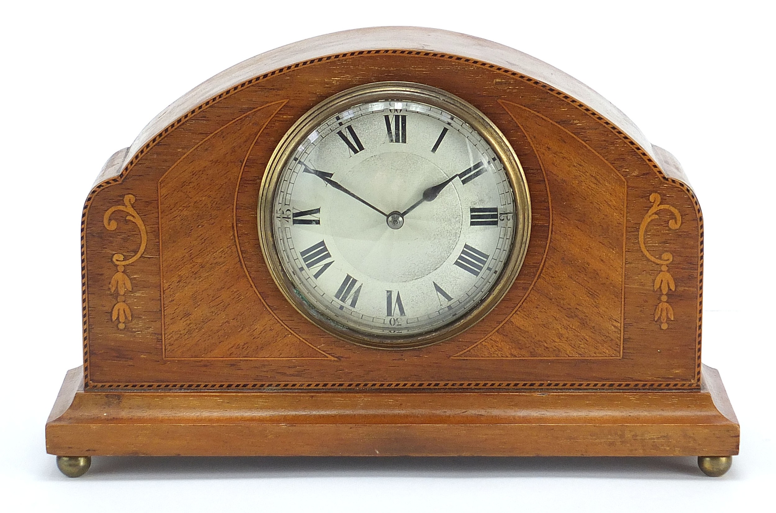 Edwardian inlaid mahogany inlaid mantle clock with Roman numerals, 25.5cm wide : For Further - Image 3 of 18