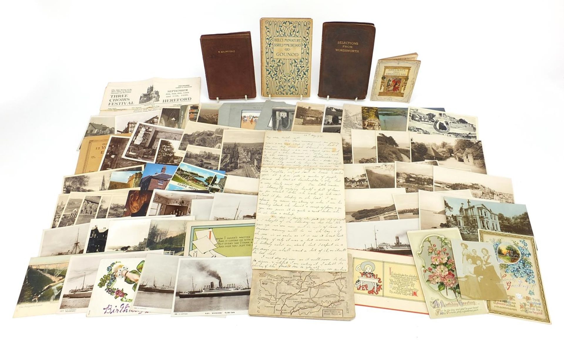 Vintage and later ephemeral including postcards and three books, : For Further Condition Reports