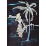 Chinese black lacquered panel with mother of pearl inlay depicting a figure crossing a bridge,