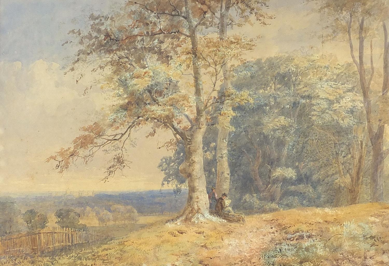 Thomas Pyne - Figures beneath trees before a landscape, 19th century watercolour, framed and glazed,