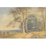 Thomas Pyne - Figures beneath trees before a landscape, 19th century watercolour, framed and glazed,