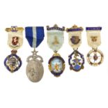 Five masonic silver jewels including four gilt with enamel examples, 142.8g : For Further