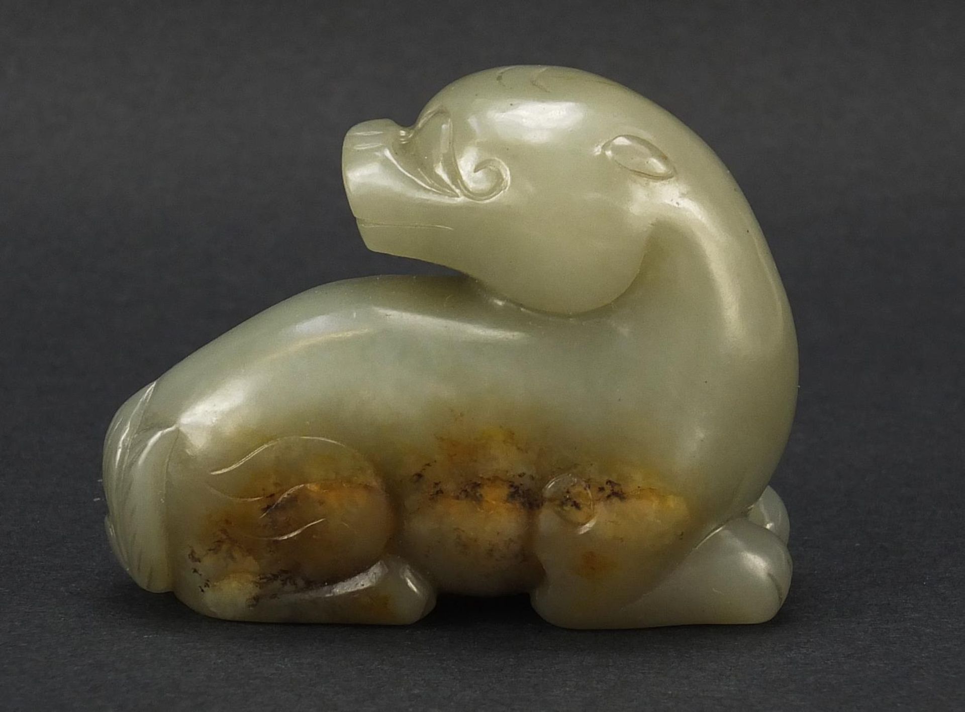 Chinese celadon and russet jade carving of a mythical animal, 6cm in length : For Further - Image 4 of 7