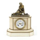 Raingo Fres, 19th century French marble mantle clock striking on a bell, surmounted with a bronze