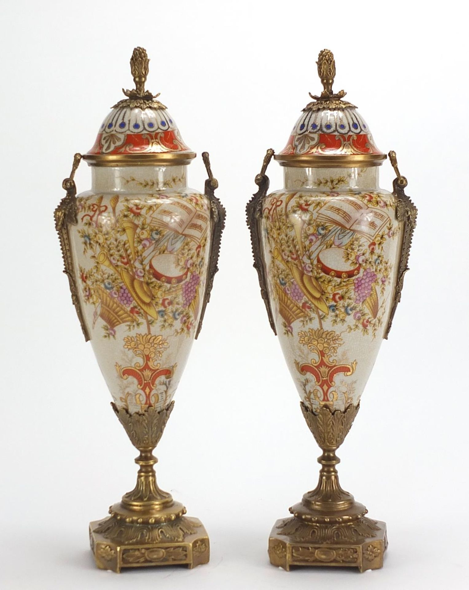 Pair of Continental vases and covers with bronze mounts, each decorated with instruments and - Image 2 of 4