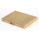 18ct gold basket weave design cigarette case with blue sapphire push button, marked 750 to the