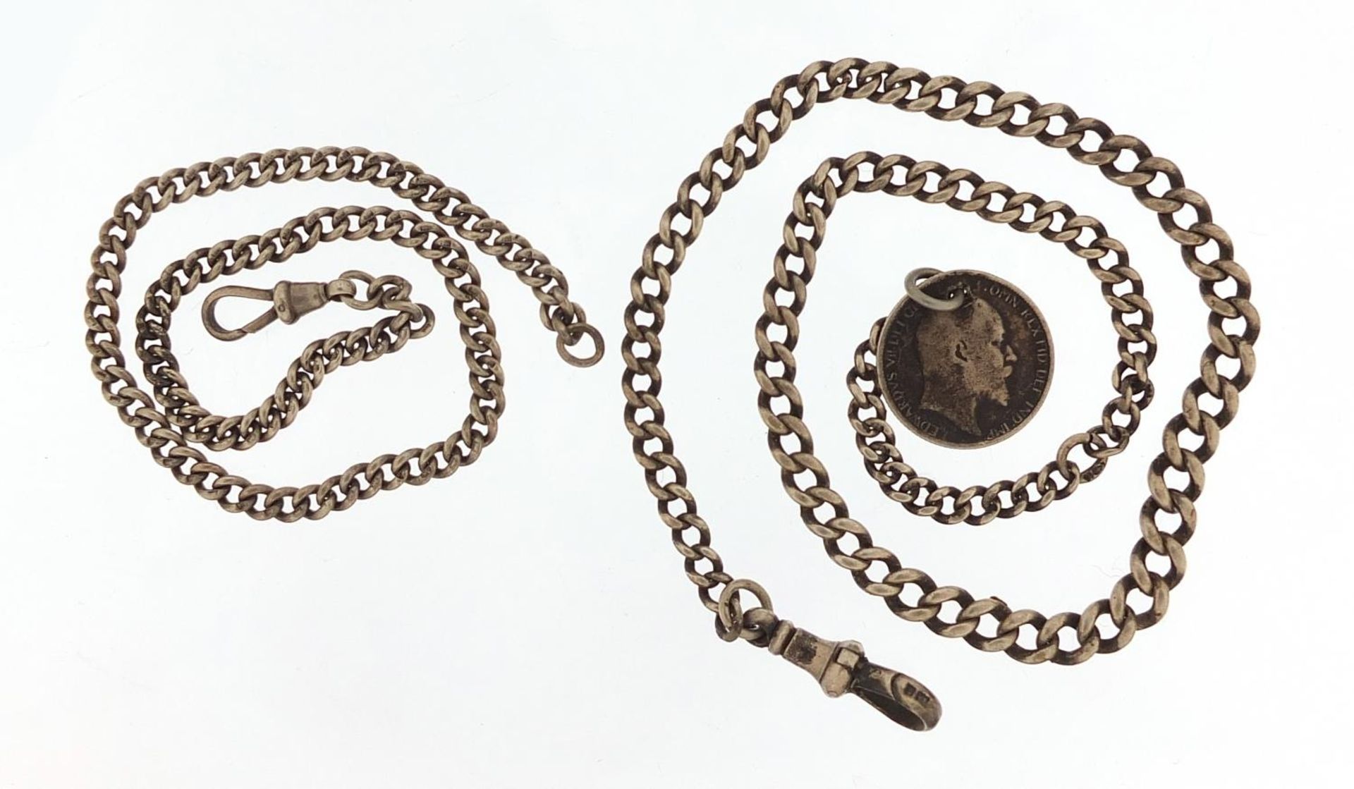 Two silver watch chains, one with 1906 six pence, the largest 38cm in length, total 34.0g : For - Image 2 of 4