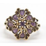 9ct gold amethyst and pierced cluster ring, size R, 4.6g : For Further Condition Reports Please