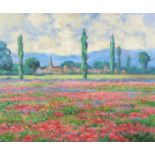 Flowers before buildings and mountains, Barcelona, Spanish Impressionist oil on canvas, indistinctly