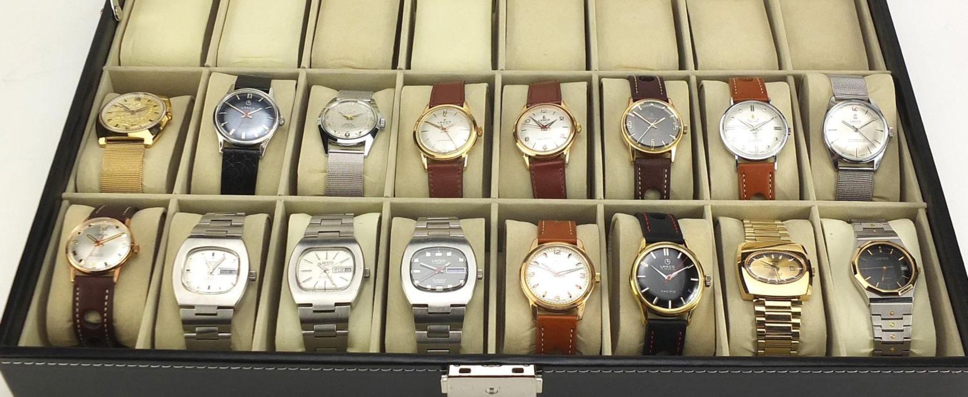 Lanco, sixteen vintage and later gentlemen's automatic, manual and quartz wristwatches housed in a - Image 2 of 6