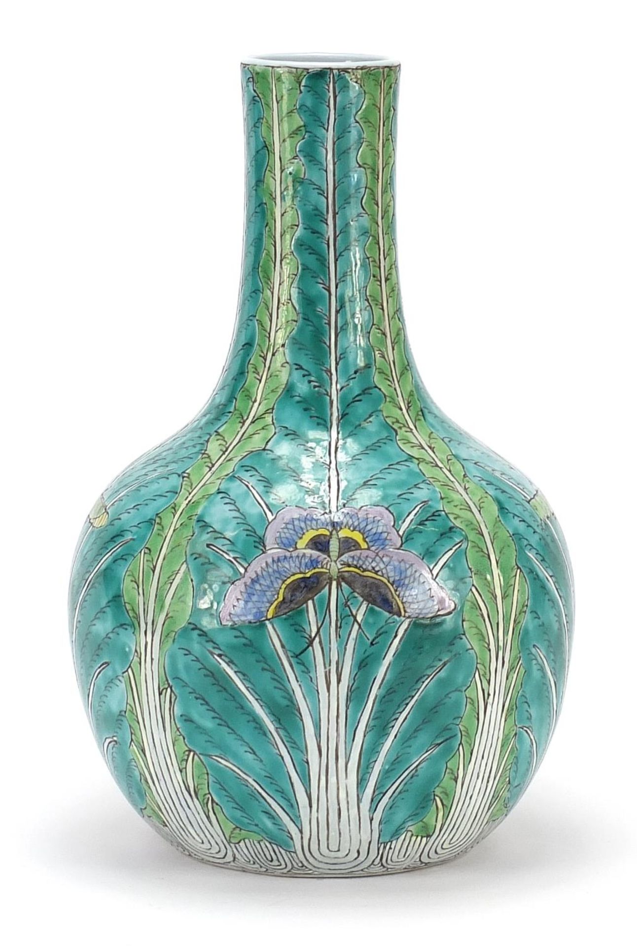 Chinese porcelain vase hand painted with butterflies and cabbage leaves, 33.5cm high : For Further