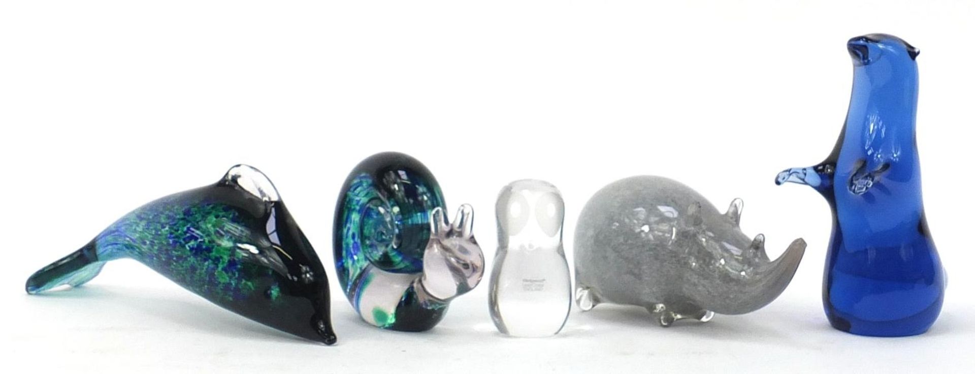 Four Wedgwood animal glass paperweights including a dolphin, the largest 22cm in length : For