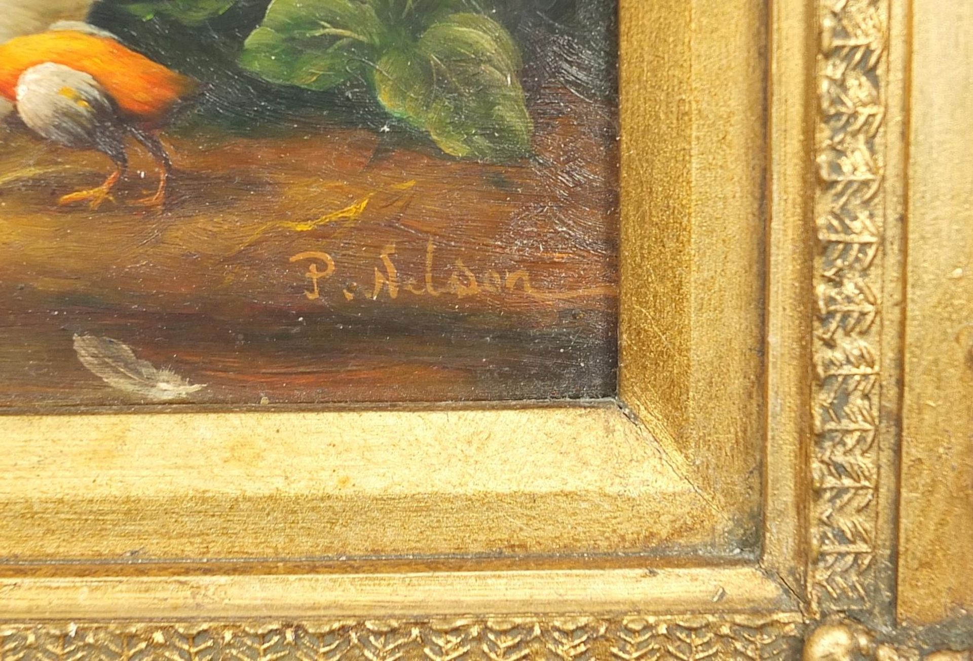 Exotic birds before a landscape, Old Master style oil on board, mounted and framed, 39cm x 29cm - Image 3 of 4
