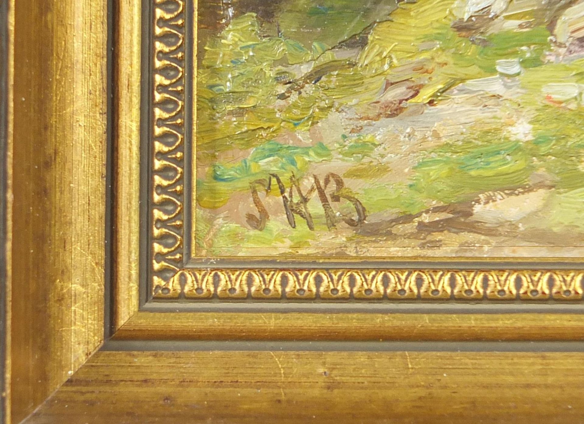 Figures before a cottage and figure on horseback in a landscape, pair of oil on boards signed with - Image 4 of 12