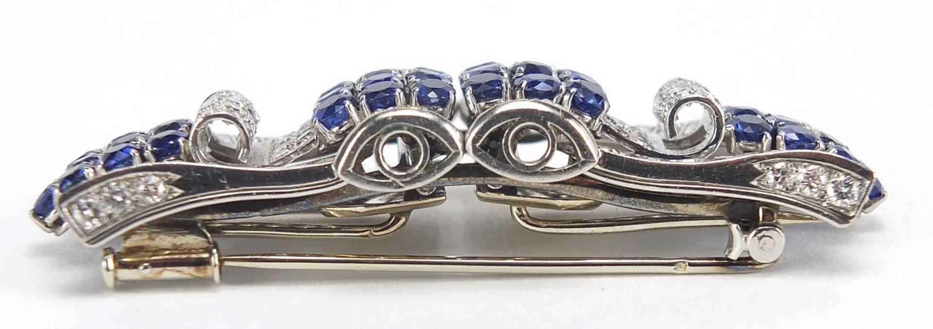 Good Art Deco diamond and sapphire three piece scarf clip brooch, A & M maker's mark, 6cm wide, 32. - Image 7 of 21