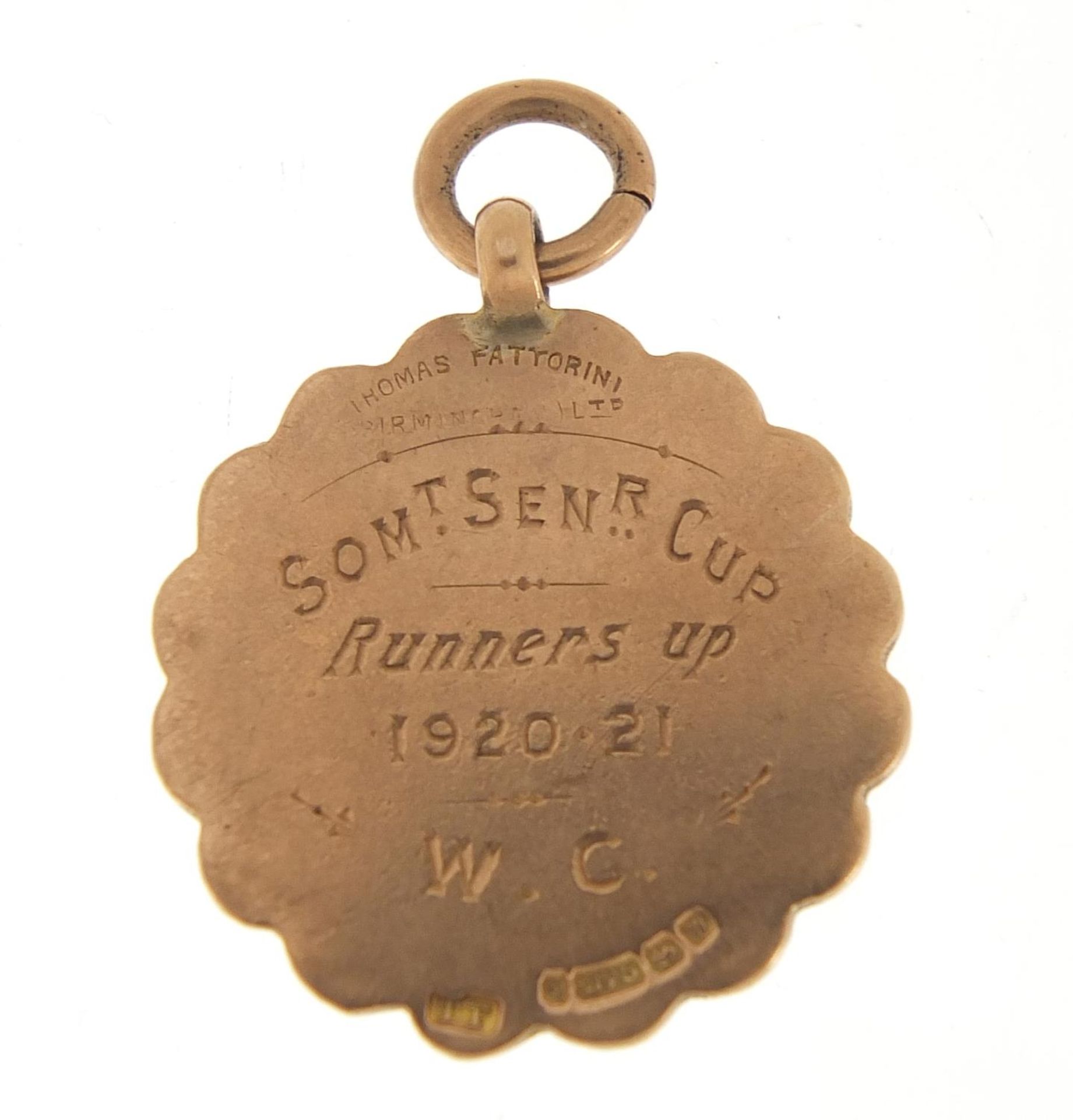 9ct gold sports jewel for Somerset Senior Cup Runners Up 1920-21 WC, 3cm high, 4.9g : For Further - Bild 2 aus 3