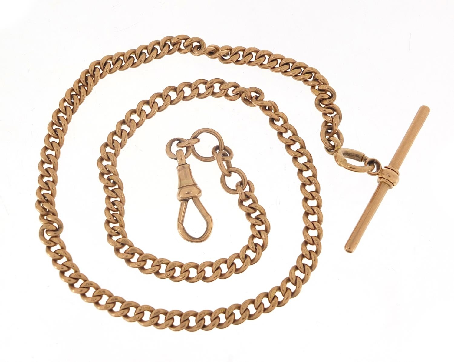 9ct rose gold watch chain with T bar, 40cm in length, 29.1g : For Further Condition Reports Please - Image 2 of 4