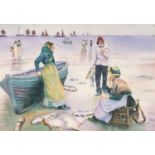 Ernest Booth - Fishermen and women before boats and water, watercolour on porcelain panel, mounted