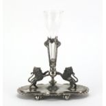 Silver plated lion design epergne stand with glass flute, 21cm high : For Further Condition