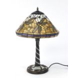 Bronzed Tiffany design leaded glass table lamp and shade decorated with dragonflies, 58cm high : For