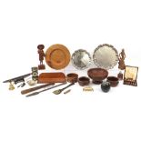 Wooden and metalware including a Police truncheon, silver plated salvers, Balinese figure, spear