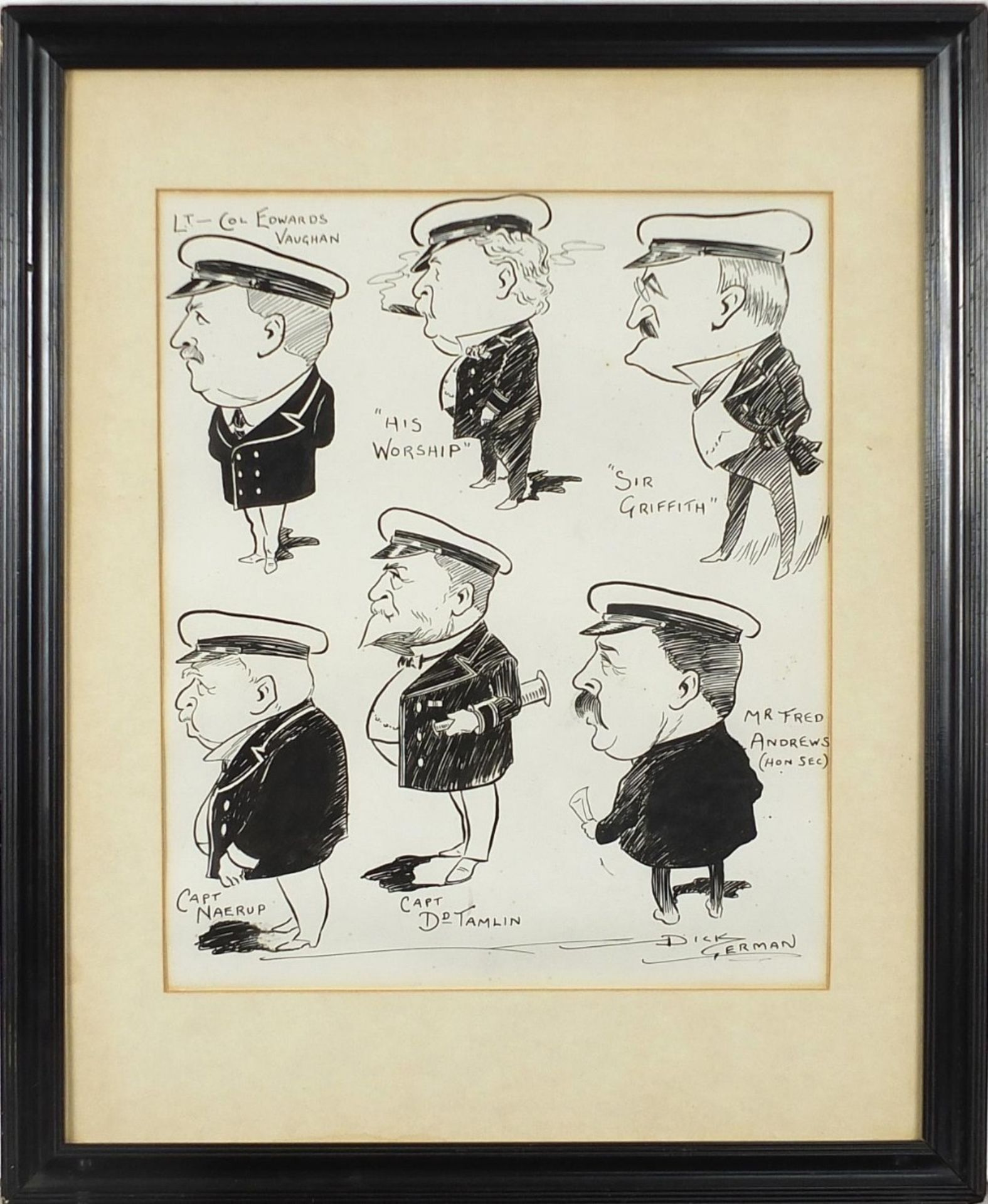 Naval caricatures including Lieutenant Colonel Edwards Vaughan and Sir Griffith, pen and ink, signed - Image 2 of 4