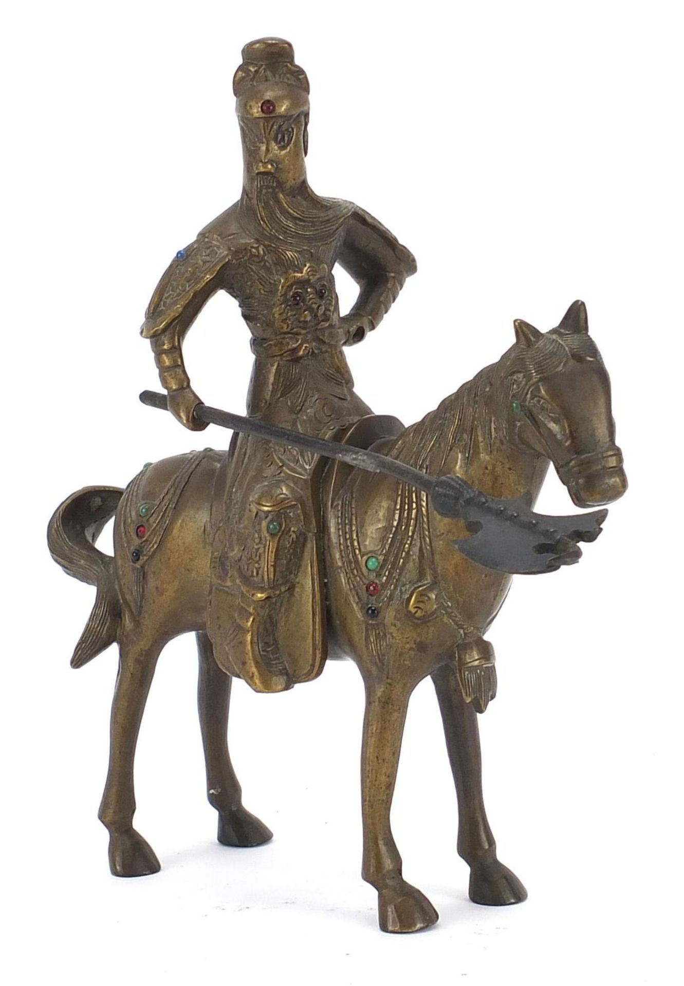 Chinese patinated bronze warrior on horseback, 24cm high : For Further Condition Reports Please