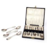 Silver teaspoons comprising set of six by E J Houlston - Birmingham 1957 with fitted case and set of