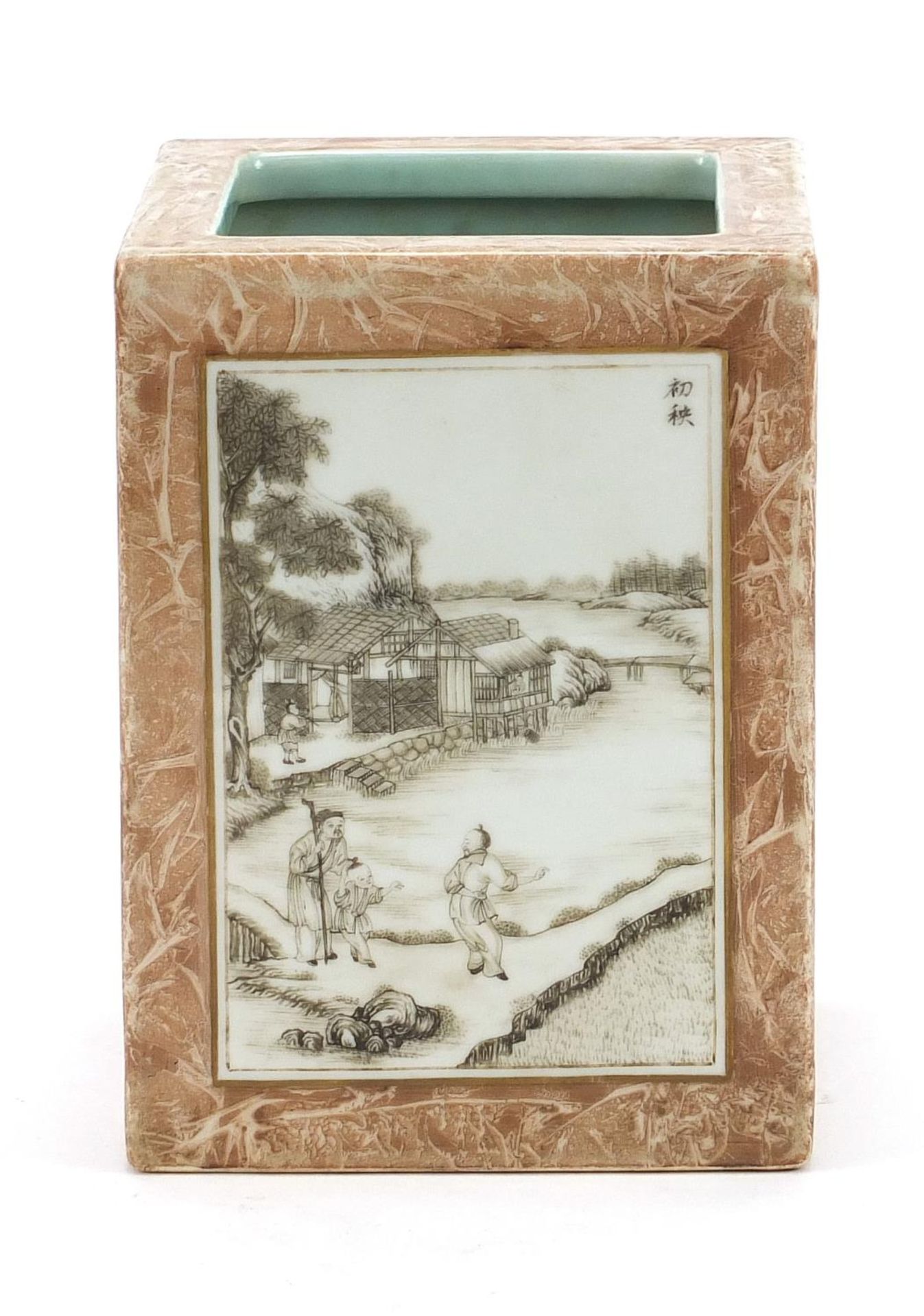 Good Chinese porcelain faux bois ground en grisaille brush pot finely hand painted with panels of - Image 6 of 12