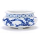 Chinese blue and white porcelain tripod censer hand painted with two dragons chasing a flaming pearl