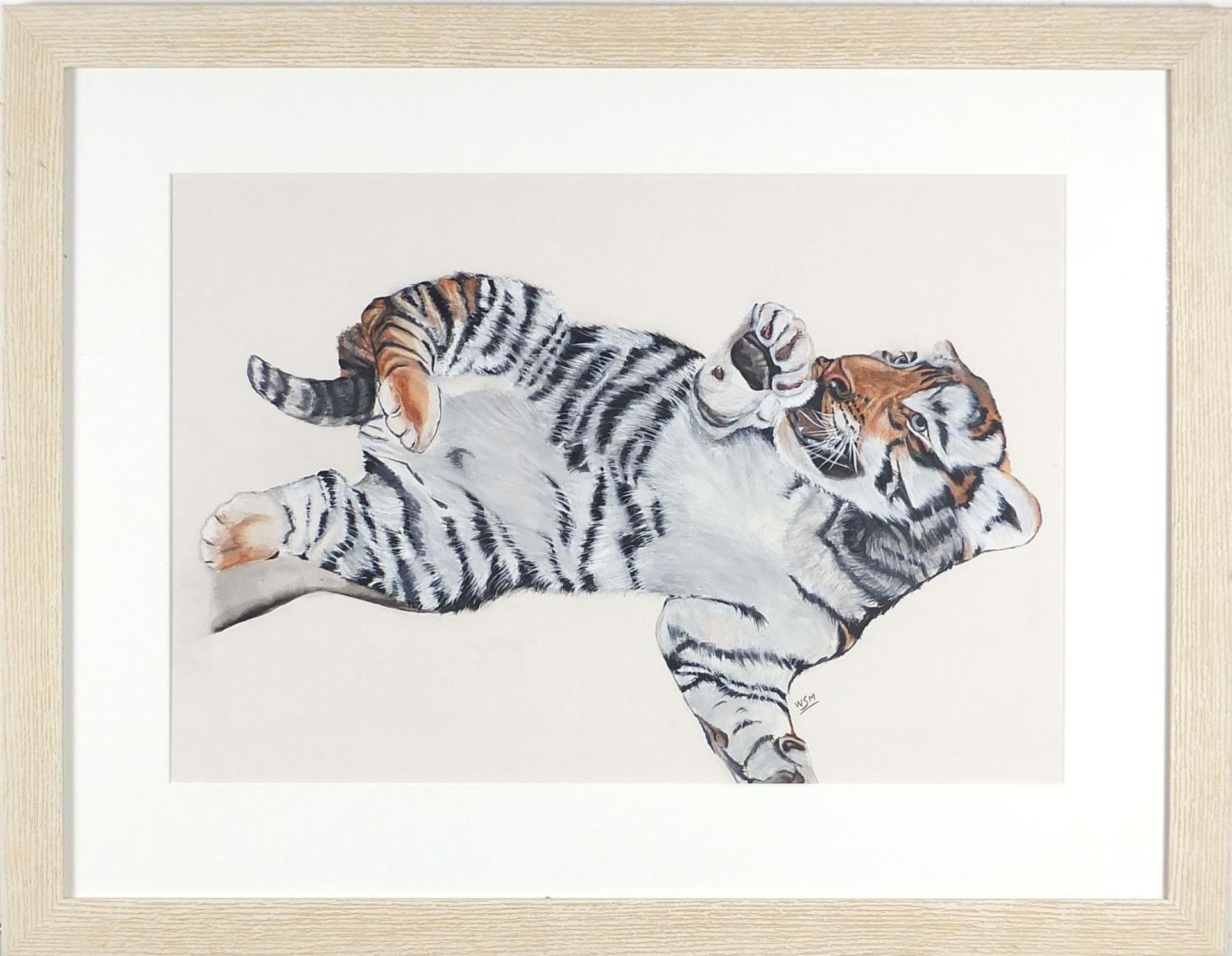 Will Smith - Young tiger playing, watercolour, monogrammed, mounted, framed and glazed, 57cm x - Image 2 of 4