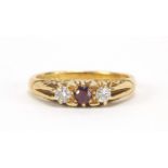 18ct gold diamond and ruby three stone ring, size M, 3.8g : For Further Condition Reports Please