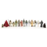 Fifteen vintage Star Wars action figures with accessories including Emperor's Royal Guard, Yoda,