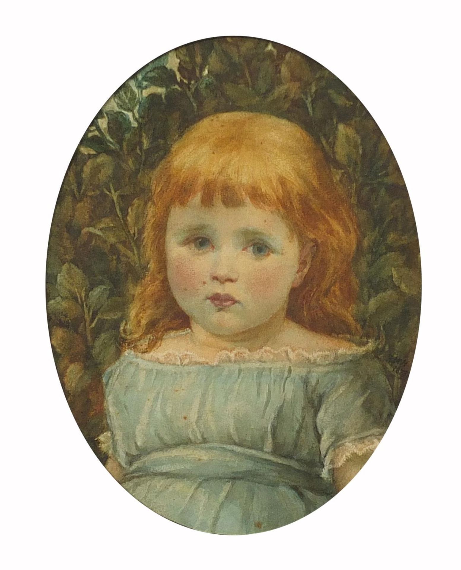 Head and shoulders portrait of a young girl, Victorian oval watercolour, monogrammed RMW 1878,