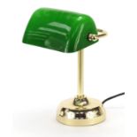Brass banker's lamp with green glass shade, 28cm high : For Further Condition Reports Please Visit