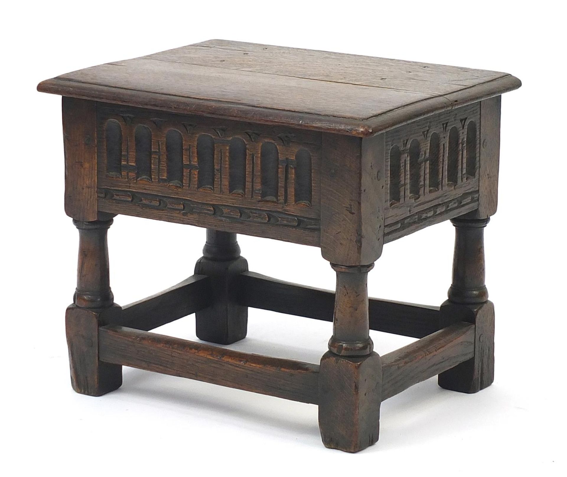 Carved oak Jacobean design workbox with hinged lid, 36cm H x 43cm W x 32cm D : For Further Condition