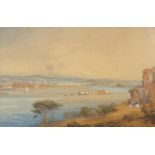 Charles Pyne - Continental coastal scene with ships, 19th century heightened watercolour, John M