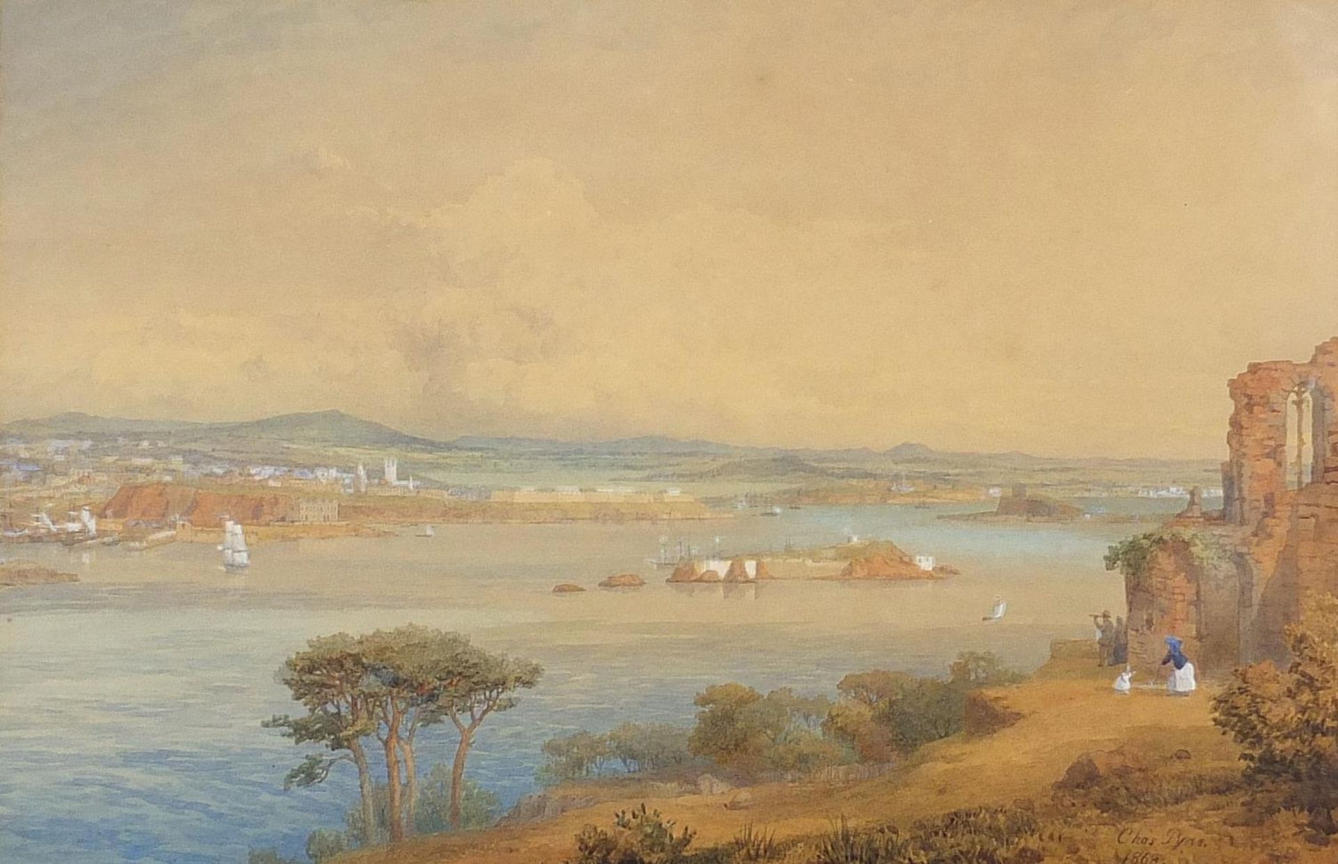 Charles Pyne - Continental coastal scene with ships, 19th century heightened watercolour, John M