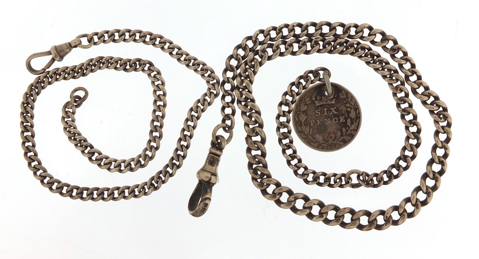 Two silver watch chains, one with 1906 six pence, the largest 38cm in length, total 34.0g : For - Image 3 of 4