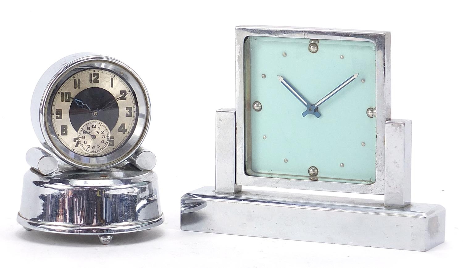 Two Art Deco chrome desk clocks including an adjustable example with square base, the largest 12.5cm