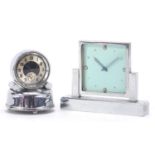 Two Art Deco chrome desk clocks including an adjustable example with square base, the largest 12.5cm