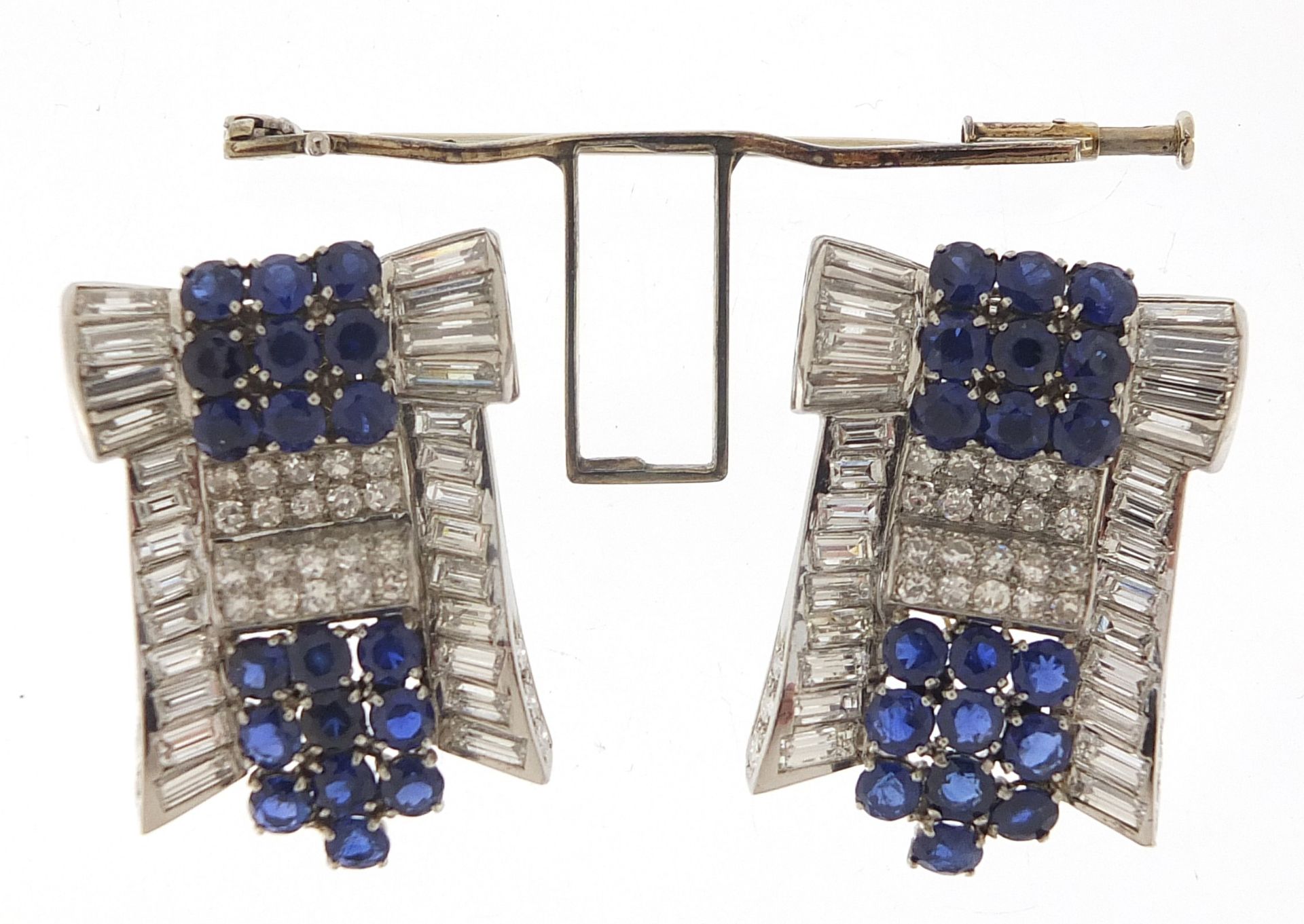 Good Art Deco diamond and sapphire three piece scarf clip brooch, A & M maker's mark, 6cm wide, 32. - Image 10 of 21