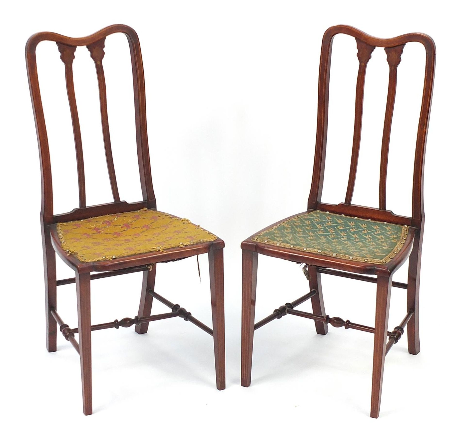 Pair of inlaid mahogany occasional chairs with needlepoint seats, 92cm high : For Further