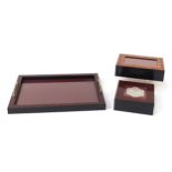 Inlaid woodenware including two boxes and a twin handled serving tray, the largest 37cm wide : For