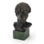 Classical patinated bronze bust of a gentleman raised on a green marble base, 17cm high : For