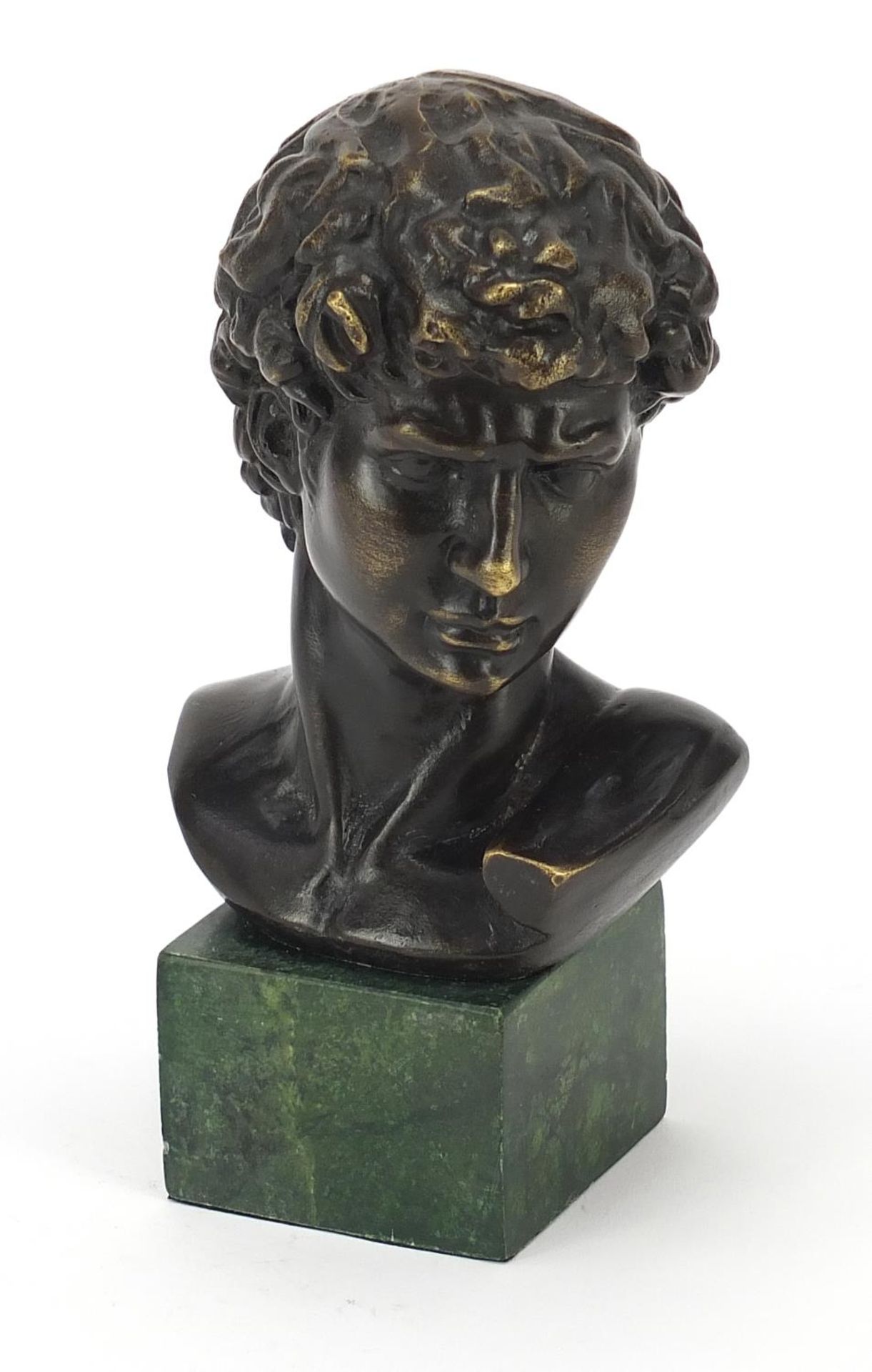 Classical patinated bronze bust of a gentleman raised on a green marble base, 17cm high : For