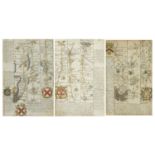 Three antique hand coloured road maps including two by John Owen Emmanuel Bowen, mounted, framed and